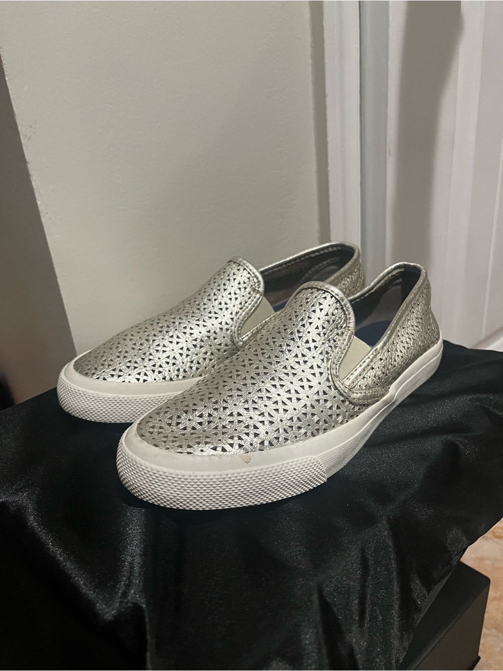 Sperry Metallic Silver Perforated Slip-On Sneakers